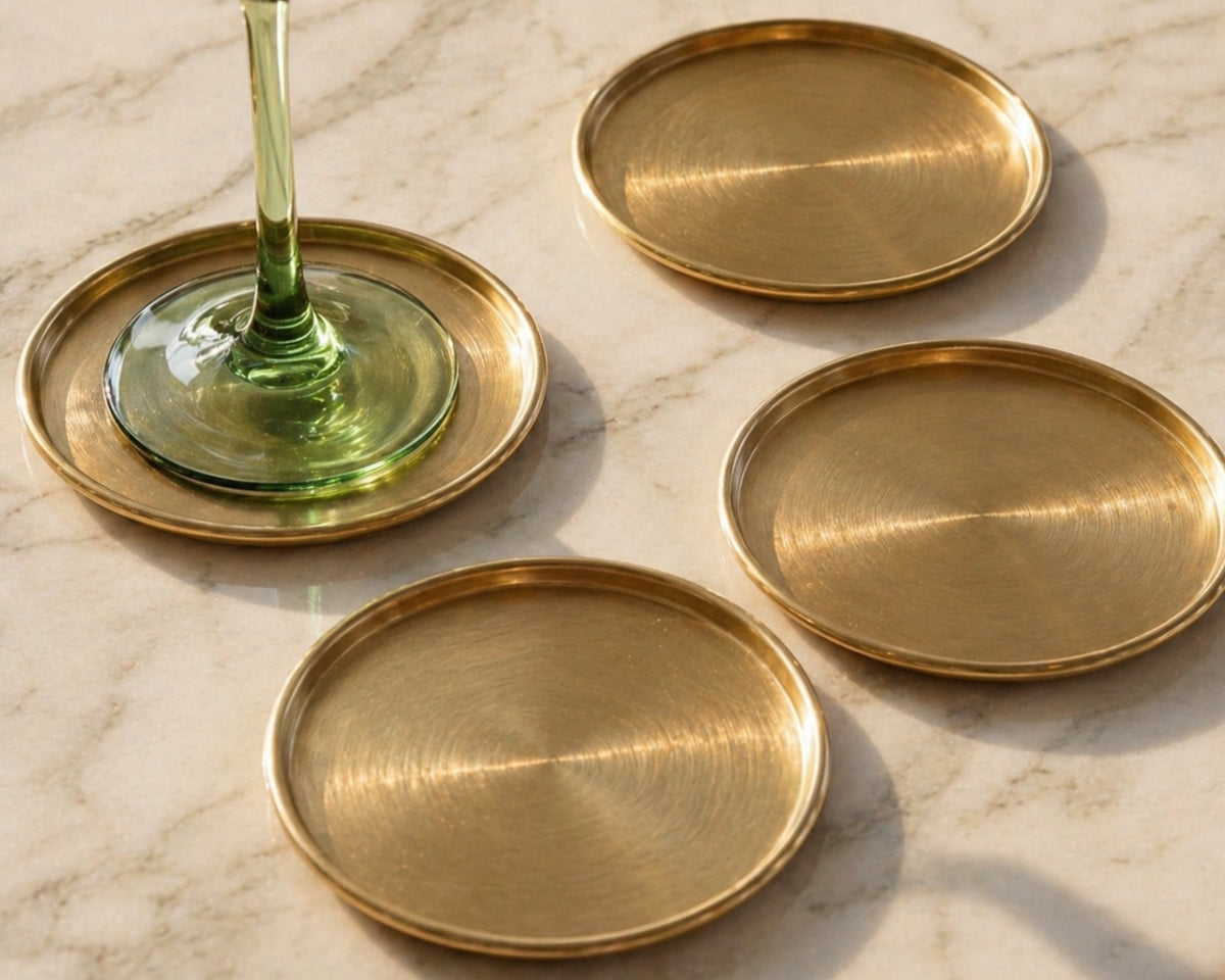 Indira Brass Coasters – Set of 4 Luxury Gold Round Drink Coasters-0