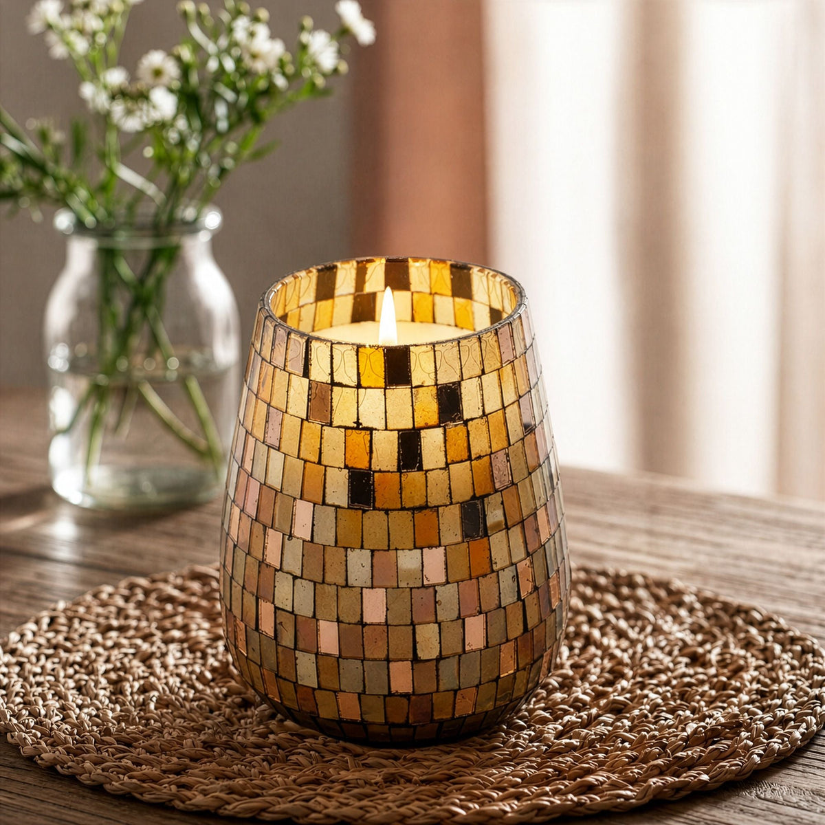 Tall Amber Mosaic Glass Jar Candle-3