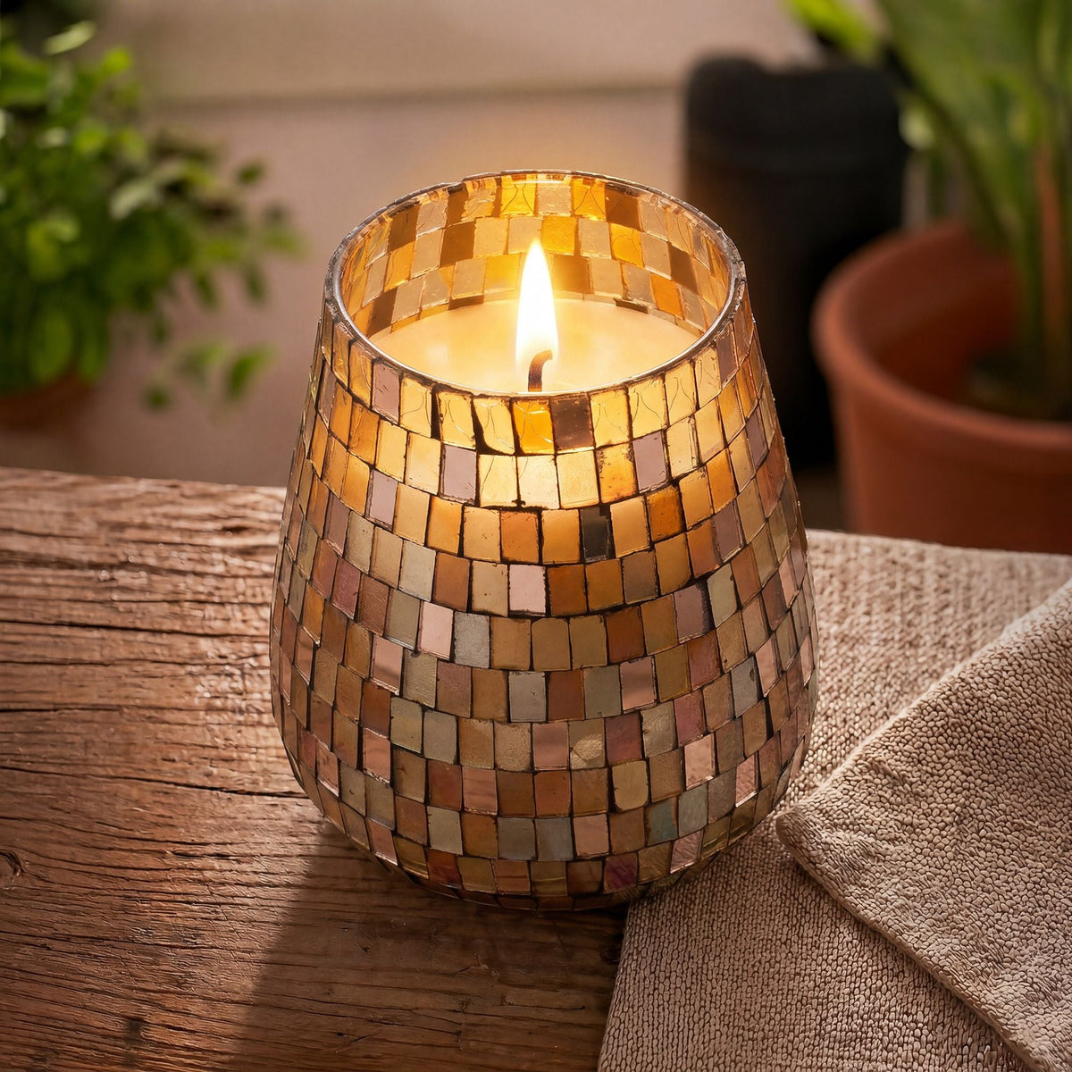 Tall Amber Mosaic Glass Jar Candle-2